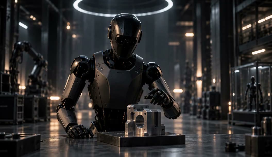 A humanoid robot inspecting a machined component on a workbench.