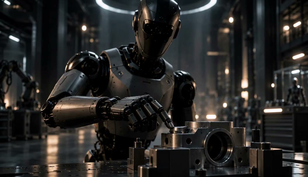 A humanoid robot handling a metal component on a reflective workbench.