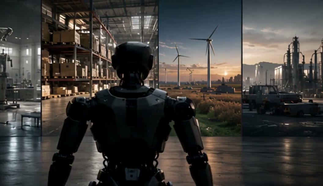 A humanoid robot reaching toward an industrial control panel in a large facility.
