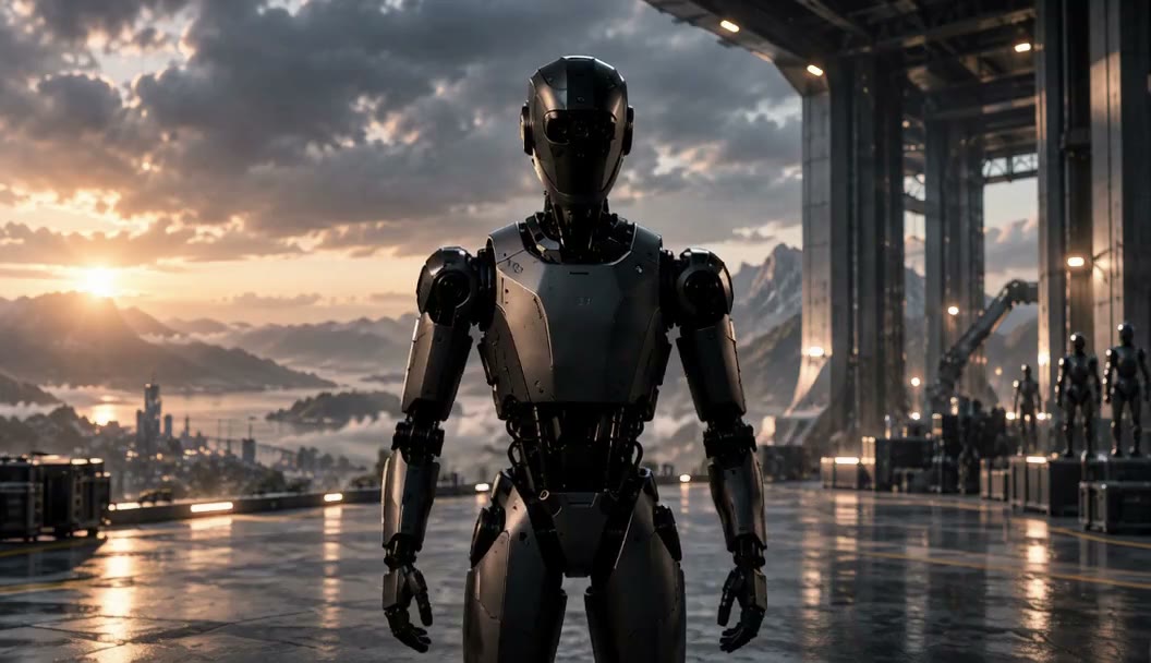 A humanoid robot standing at dawn before an industrial hangar.